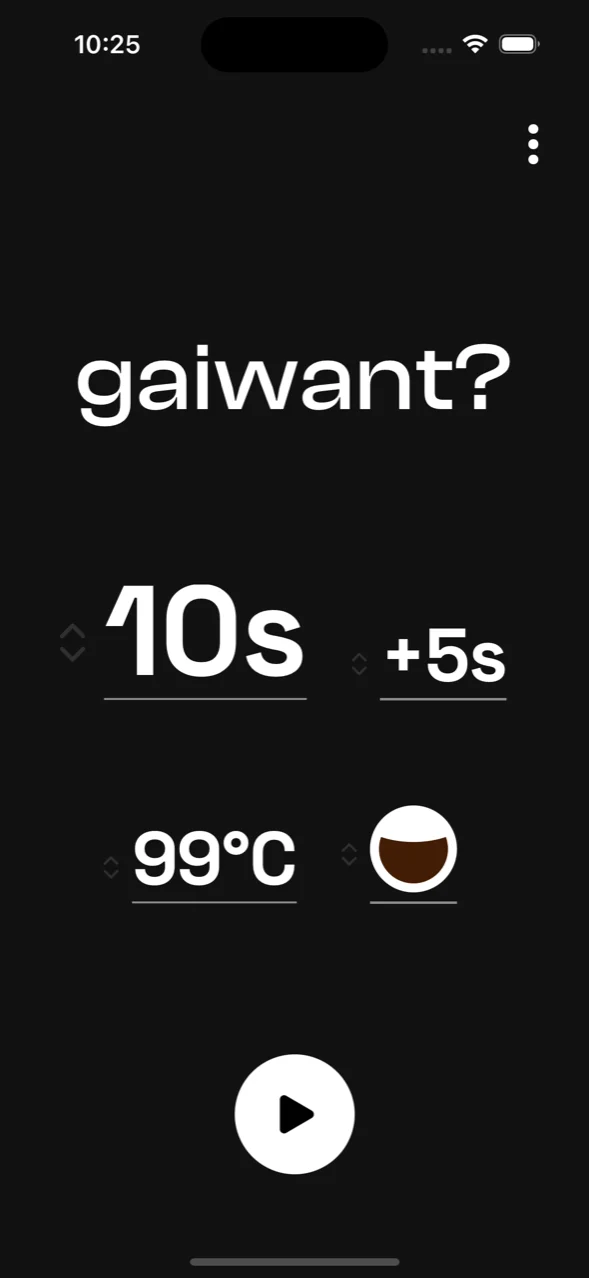 Setup screen: Shou Pu-erh, 10 second first steep, plus 5 seconds per infusion, 99 degrees, and a play button