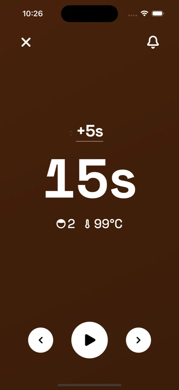 Between infusions: full Shou Pu-erh brown, 15 seconds queued for infusion 2, with previous, play, and next buttons